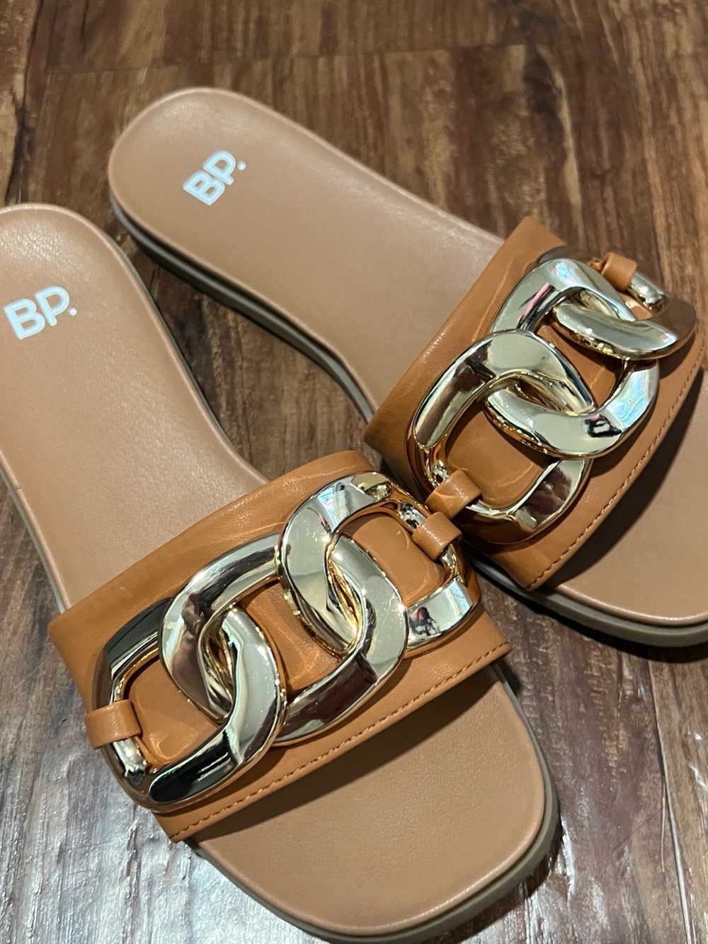 Nordstrom BP. Tan Slide Sandals with Gold Chain